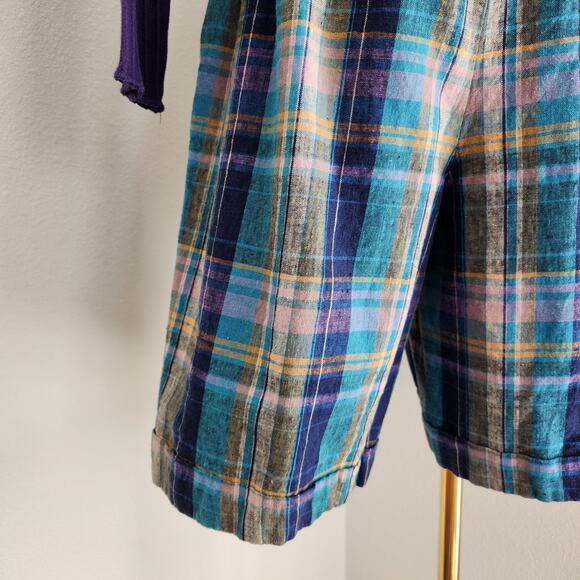 Vintage Fundamental Things Plaid Pleated High Waisted Linen Shorts Teal Purple 2 - Picture 7 of 11